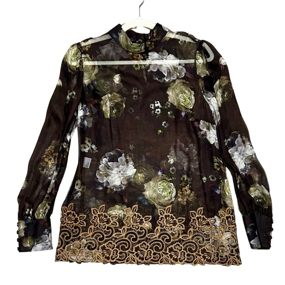 Per Se by Carlisle 100% Silk Sheer Floral Blouse with Gold Embroidery - Size 8